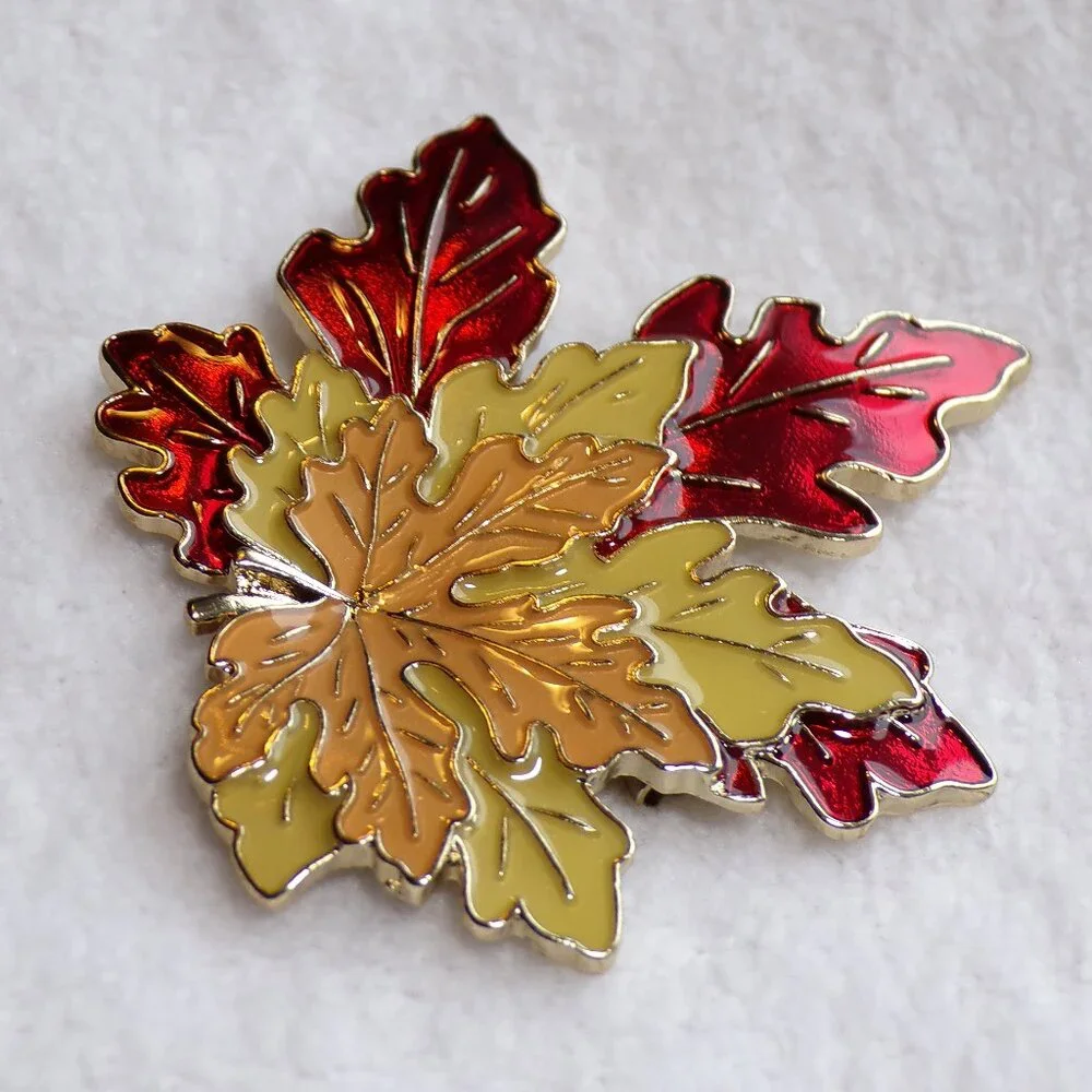 Fall Leaves Enamel Gold Brooch 2 1/4